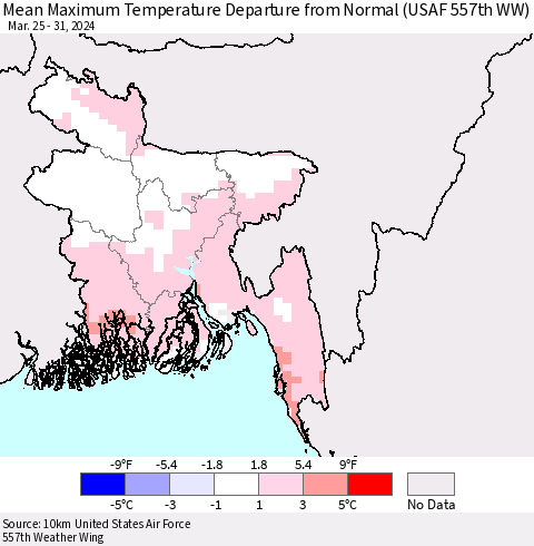 Bangladesh Mean Maximum Temperature Departure from Normal (USAF 557th WW) Thematic Map For 3/25/2024 - 3/31/2024