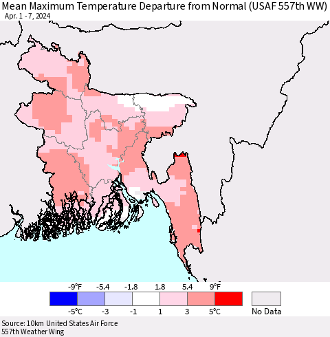 Bangladesh Mean Maximum Temperature Departure from Normal (USAF 557th WW) Thematic Map For 4/1/2024 - 4/7/2024