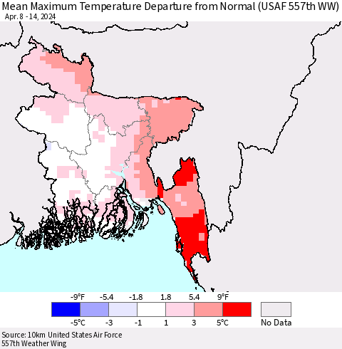 Bangladesh Mean Maximum Temperature Departure from Normal (USAF 557th WW) Thematic Map For 4/8/2024 - 4/14/2024