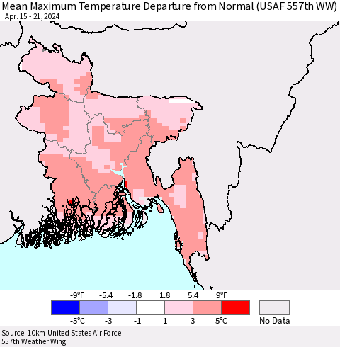 Bangladesh Mean Maximum Temperature Departure from Normal (USAF 557th WW) Thematic Map For 4/15/2024 - 4/21/2024