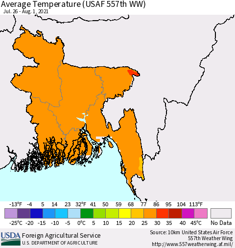 Bangladesh Average Temperature (USAF 557th WW) Thematic Map For 7/26/2021 - 8/1/2021
