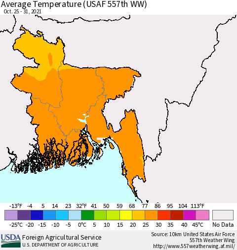 Bangladesh Average Temperature (USAF 557th WW) Thematic Map For 10/25/2021 - 10/31/2021