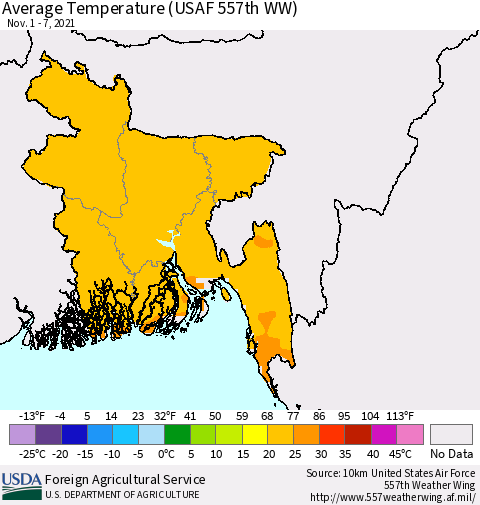 Bangladesh Average Temperature (USAF 557th WW) Thematic Map For 11/1/2021 - 11/7/2021
