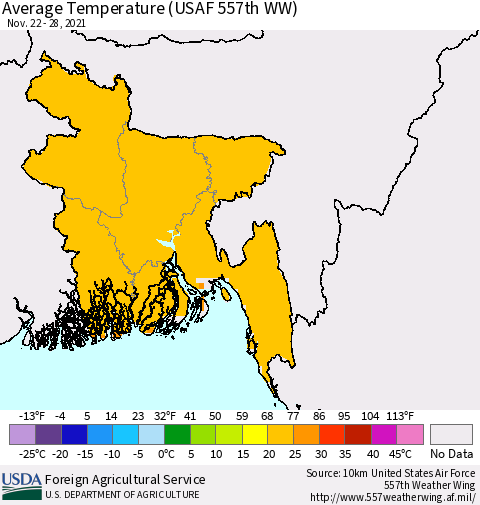 Bangladesh Average Temperature (USAF 557th WW) Thematic Map For 11/22/2021 - 11/28/2021
