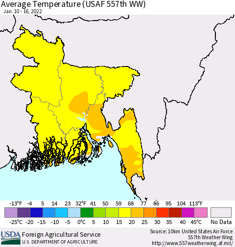Bangladesh Average Temperature (USAF 557th WW) Thematic Map For 1/10/2022 - 1/16/2022