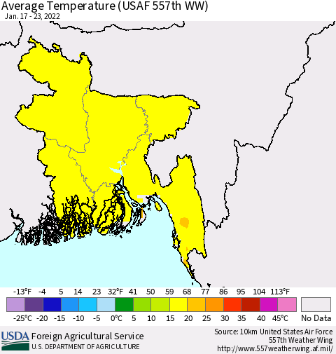 Bangladesh Average Temperature (USAF 557th WW) Thematic Map For 1/17/2022 - 1/23/2022