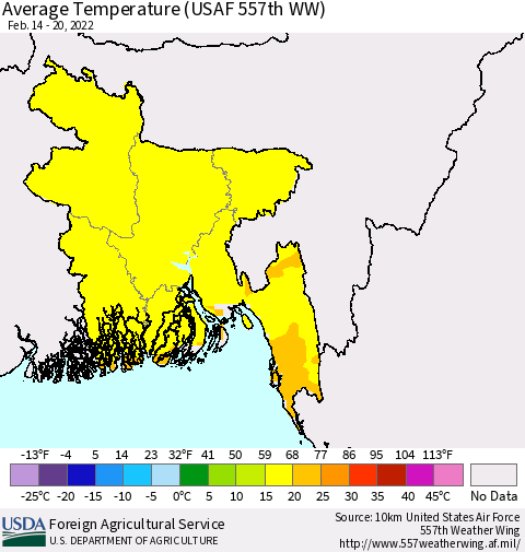 Bangladesh Average Temperature (USAF 557th WW) Thematic Map For 2/14/2022 - 2/20/2022
