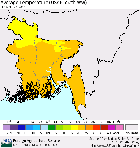 Bangladesh Average Temperature (USAF 557th WW) Thematic Map For 2/21/2022 - 2/27/2022