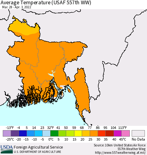 Bangladesh Average Temperature (USAF 557th WW) Thematic Map For 3/28/2022 - 4/3/2022