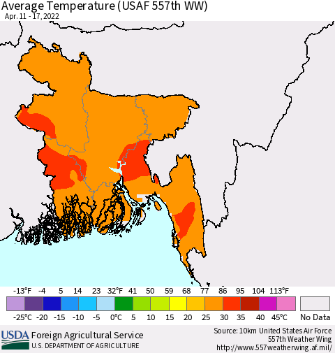 Bangladesh Average Temperature (USAF 557th WW) Thematic Map For 4/11/2022 - 4/17/2022