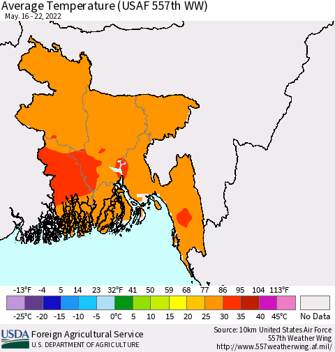 Bangladesh Average Temperature (USAF 557th WW) Thematic Map For 5/16/2022 - 5/22/2022