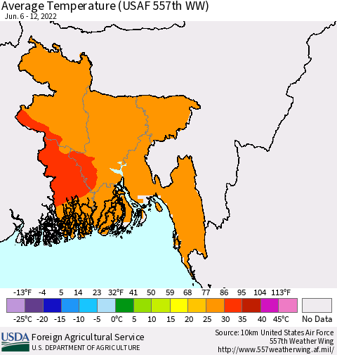 Bangladesh Average Temperature (USAF 557th WW) Thematic Map For 6/6/2022 - 6/12/2022