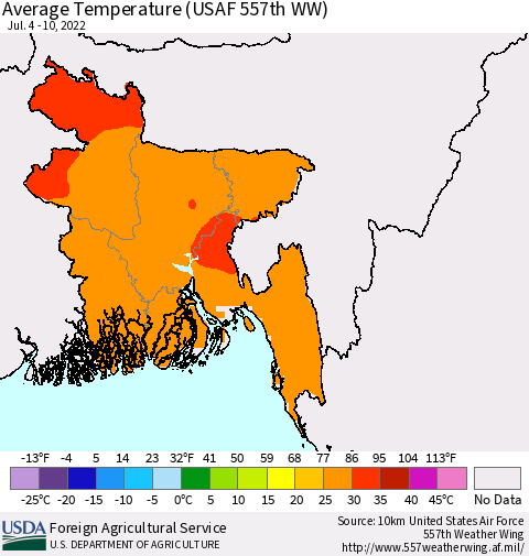 Bangladesh Average Temperature (USAF 557th WW) Thematic Map For 7/4/2022 - 7/10/2022