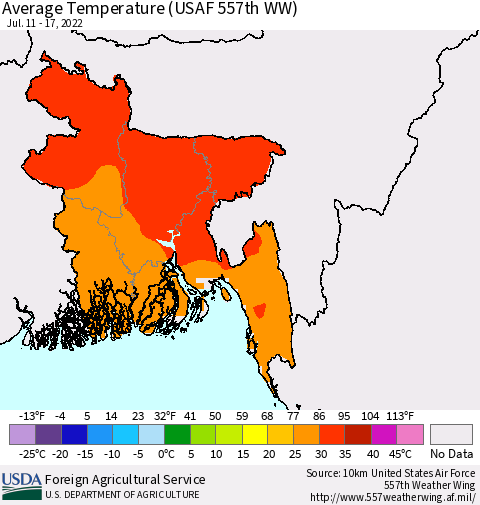 Bangladesh Average Temperature (USAF 557th WW) Thematic Map For 7/11/2022 - 7/17/2022