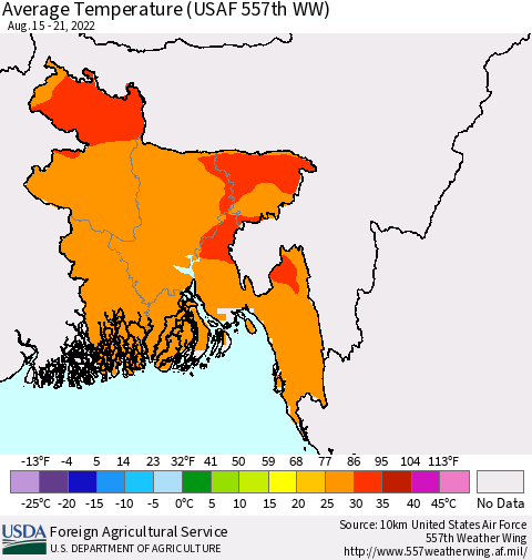 Bangladesh Average Temperature (USAF 557th WW) Thematic Map For 8/15/2022 - 8/21/2022
