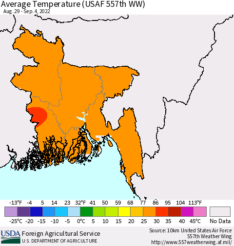 Bangladesh Average Temperature (USAF 557th WW) Thematic Map For 8/29/2022 - 9/4/2022