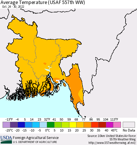 Bangladesh Average Temperature (USAF 557th WW) Thematic Map For 10/24/2022 - 10/30/2022