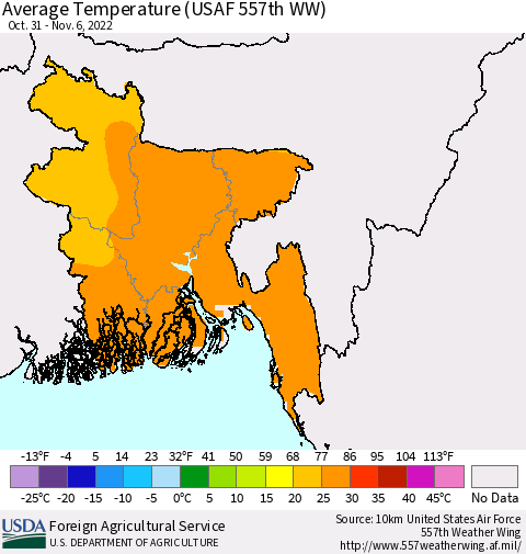 Bangladesh Average Temperature (USAF 557th WW) Thematic Map For 10/31/2022 - 11/6/2022