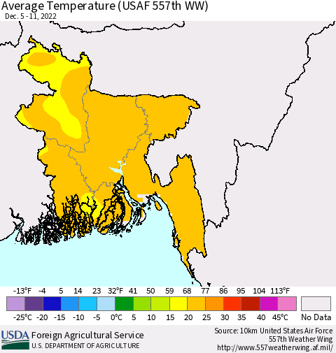 Bangladesh Average Temperature (USAF 557th WW) Thematic Map For 12/5/2022 - 12/11/2022