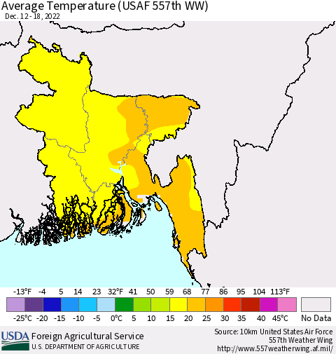 Bangladesh Average Temperature (USAF 557th WW) Thematic Map For 12/12/2022 - 12/18/2022