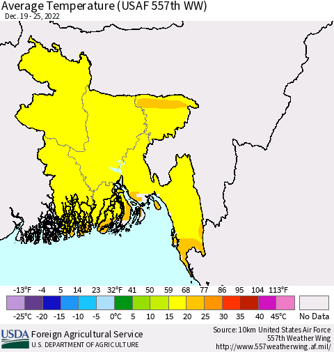 Bangladesh Average Temperature (USAF 557th WW) Thematic Map For 12/19/2022 - 12/25/2022