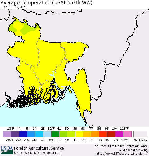 Bangladesh Average Temperature (USAF 557th WW) Thematic Map For 1/16/2023 - 1/22/2023