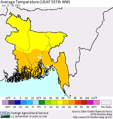 Bangladesh Average Temperature (USAF 557th WW) Thematic Map For 1/23/2023 - 1/29/2023