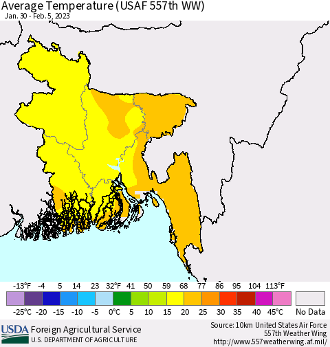 Bangladesh Average Temperature (USAF 557th WW) Thematic Map For 1/30/2023 - 2/5/2023