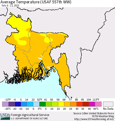 Bangladesh Average Temperature (USAF 557th WW) Thematic Map For 2/6/2023 - 2/12/2023