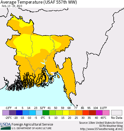 Bangladesh Average Temperature (USAF 557th WW) Thematic Map For 2/13/2023 - 2/19/2023
