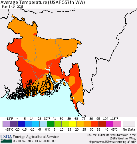 Bangladesh Average Temperature (USAF 557th WW) Thematic Map For 5/8/2023 - 5/14/2023