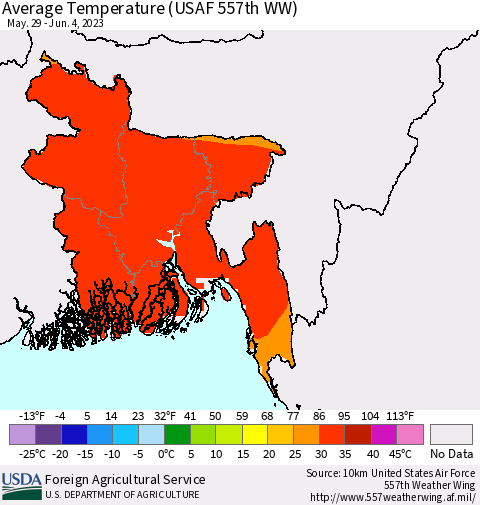 Bangladesh Average Temperature (USAF 557th WW) Thematic Map For 5/29/2023 - 6/4/2023
