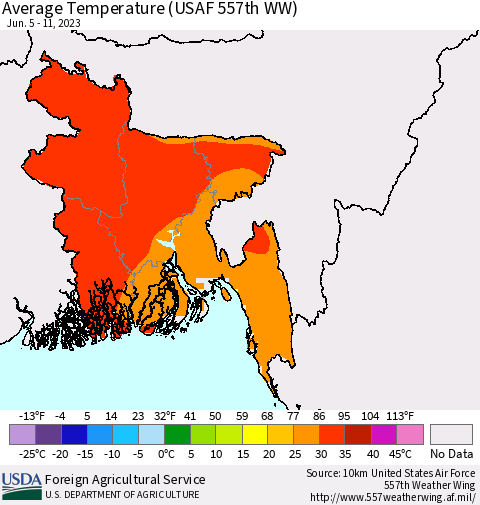 Bangladesh Average Temperature (USAF 557th WW) Thematic Map For 6/5/2023 - 6/11/2023