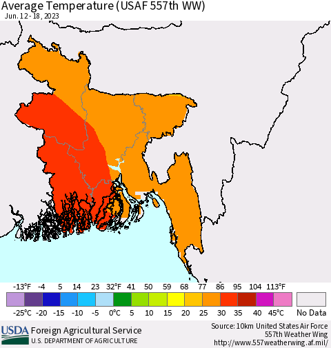 Bangladesh Average Temperature (USAF 557th WW) Thematic Map For 6/12/2023 - 6/18/2023