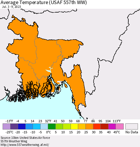 Bangladesh Average Temperature (USAF 557th WW) Thematic Map For 7/3/2023 - 7/9/2023