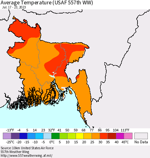 Bangladesh Average Temperature (USAF 557th WW) Thematic Map For 7/17/2023 - 7/23/2023