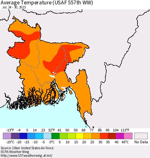 Bangladesh Average Temperature (USAF 557th WW) Thematic Map For 7/24/2023 - 7/30/2023