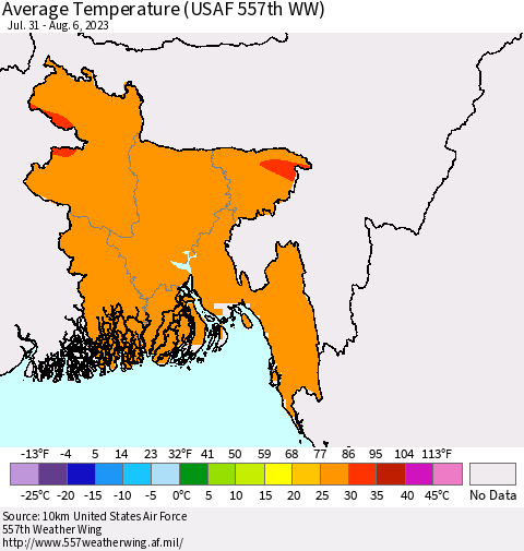 Bangladesh Average Temperature (USAF 557th WW) Thematic Map For 7/31/2023 - 8/6/2023