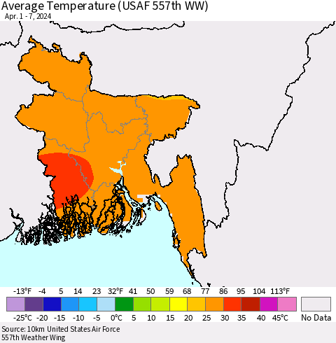 Bangladesh Average Temperature (USAF 557th WW) Thematic Map For 4/1/2024 - 4/7/2024
