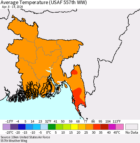 Bangladesh Average Temperature (USAF 557th WW) Thematic Map For 4/8/2024 - 4/14/2024