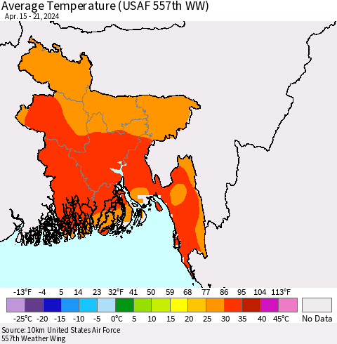 Bangladesh Average Temperature (USAF 557th WW) Thematic Map For 4/15/2024 - 4/21/2024