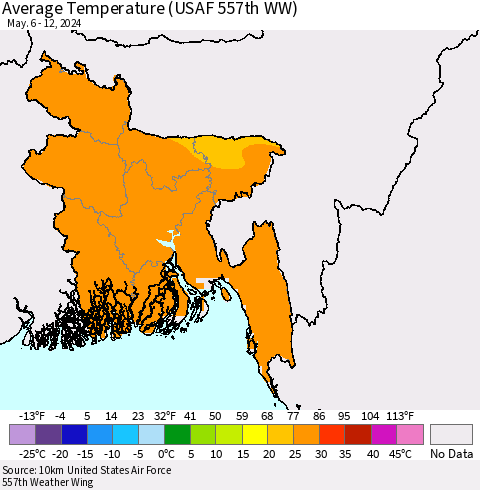 Bangladesh Average Temperature (USAF 557th WW) Thematic Map For 5/6/2024 - 5/12/2024