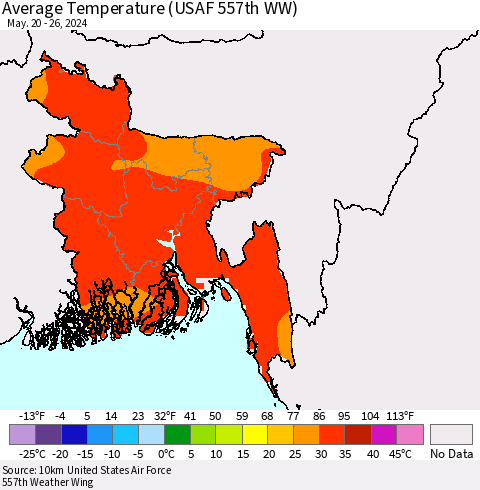 Bangladesh Average Temperature (USAF 557th WW) Thematic Map For 5/20/2024 - 5/26/2024