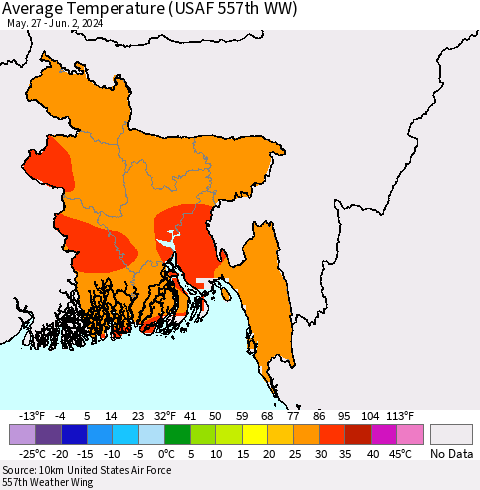 Bangladesh Average Temperature (USAF 557th WW) Thematic Map For 5/27/2024 - 6/2/2024