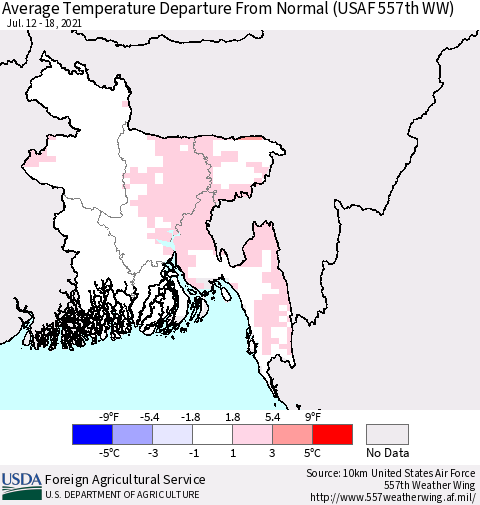 Bangladesh Average Temperature Departure from Normal (USAF 557th WW) Thematic Map For 7/12/2021 - 7/18/2021