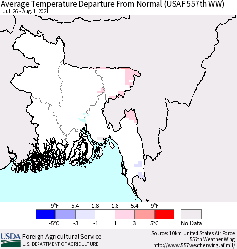 Bangladesh Average Temperature Departure from Normal (USAF 557th WW) Thematic Map For 7/26/2021 - 8/1/2021