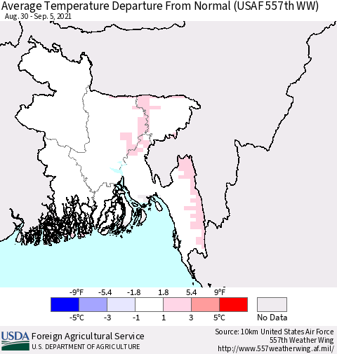 Bangladesh Average Temperature Departure from Normal (USAF 557th WW) Thematic Map For 8/30/2021 - 9/5/2021