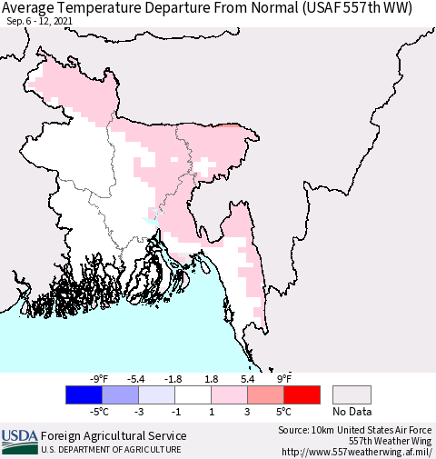 Bangladesh Average Temperature Departure from Normal (USAF 557th WW) Thematic Map For 9/6/2021 - 9/12/2021