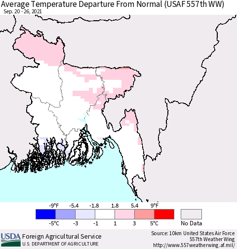 Bangladesh Average Temperature Departure from Normal (USAF 557th WW) Thematic Map For 9/20/2021 - 9/26/2021