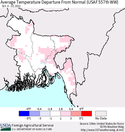 Bangladesh Average Temperature Departure from Normal (USAF 557th WW) Thematic Map For 10/4/2021 - 10/10/2021